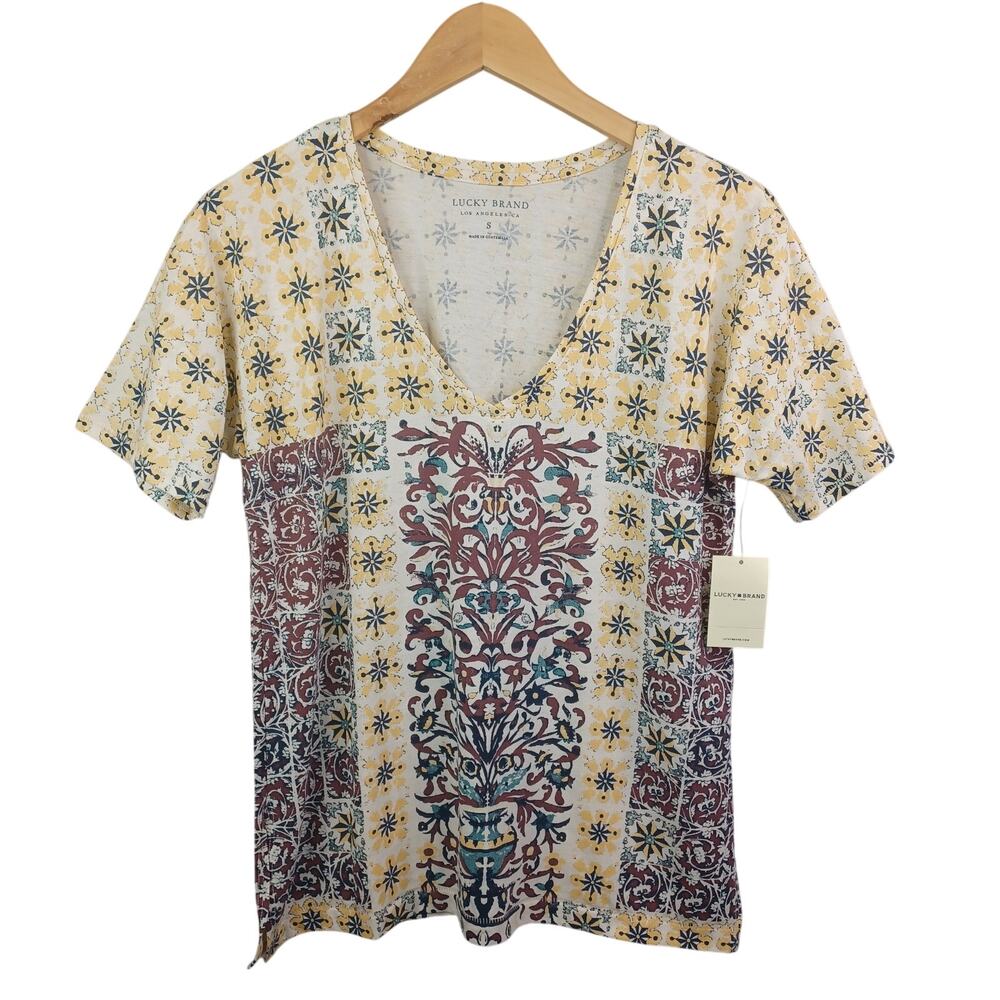 Lucky Brand Women Boho Artsy Print Short Sleeve T-shirt Small Beach Tee Festival